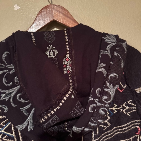 Johnny Was Biya Embroidered Long Sleeve Hooded Duster Cardigan Black Cream XS - Picture 6 of 7